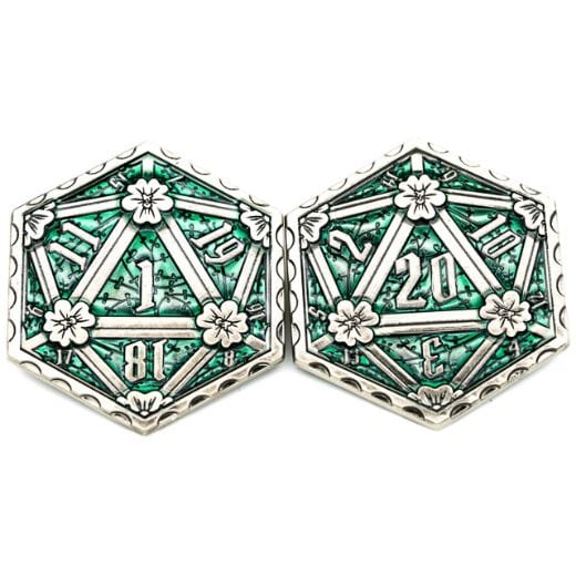 Hexagon D20 emerald metal coin with floral design, zinc alloy, two-sided die, green enamel, 50mm size.