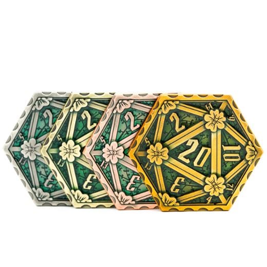 Hexagon D20 emerald metal coins with floral design and green enamel, zinc alloy material, shown in varied finishes, 2-sided dice.