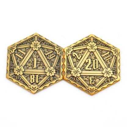 Hexagon D20 metal coin, zinc alloy, 2-sided die, ancient design, 50mm by 3mm size, unique decorative gaming accessory.