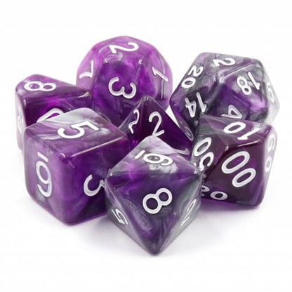 Marbled purple and silver polyhedral dice set for tabletop RPGs.