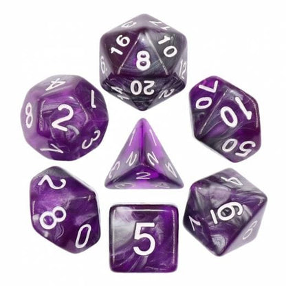 Dark Crystal Dice Set in marbled pearly silver and translucent purple, 7-piece polyhedral set for tabletop role-playing games.