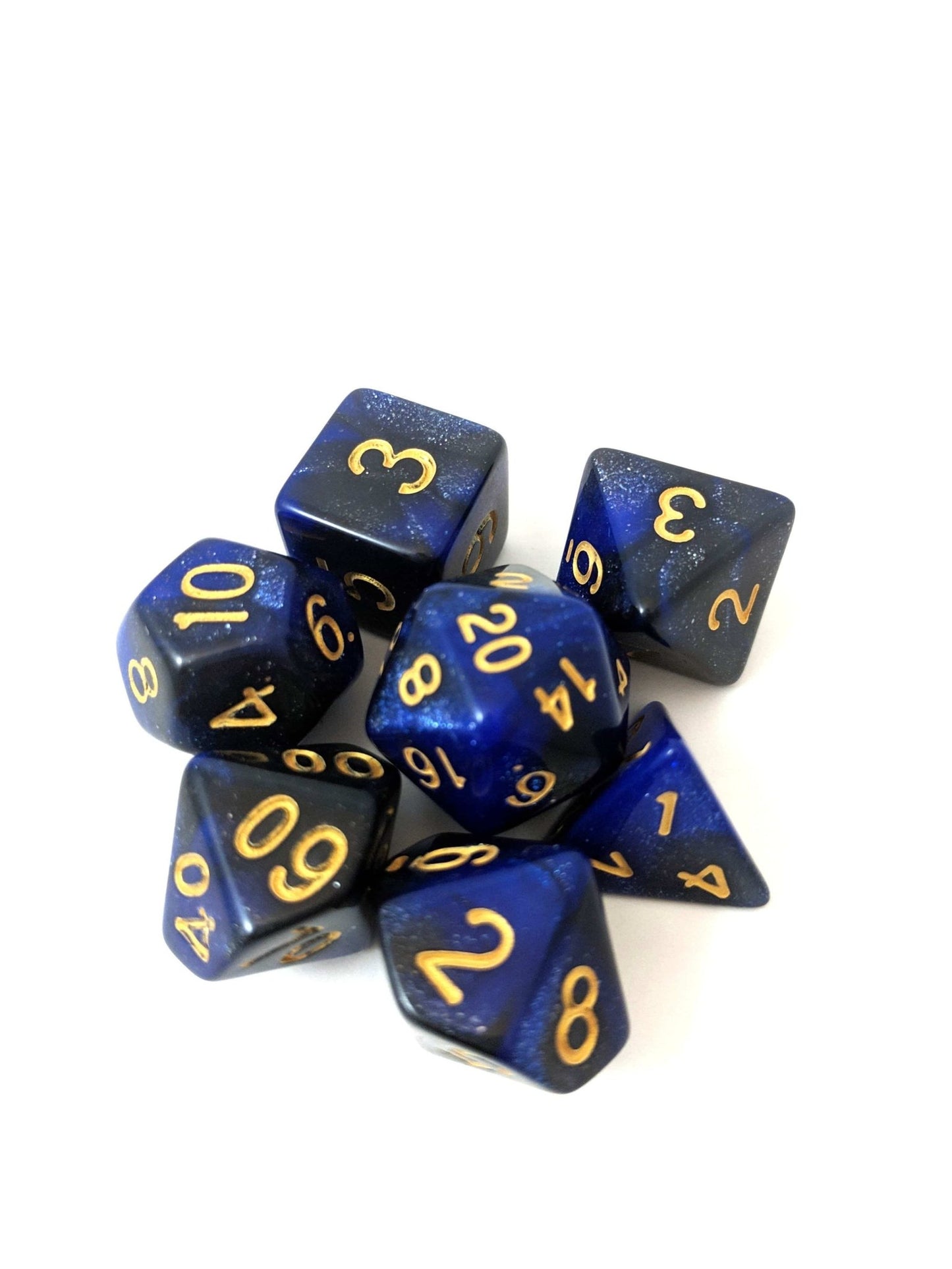 Dark Orb Dice Set – 7-Piece Semi-Transparent Black Blue Glitter Polyhedral Dice sets Fennek and Finch