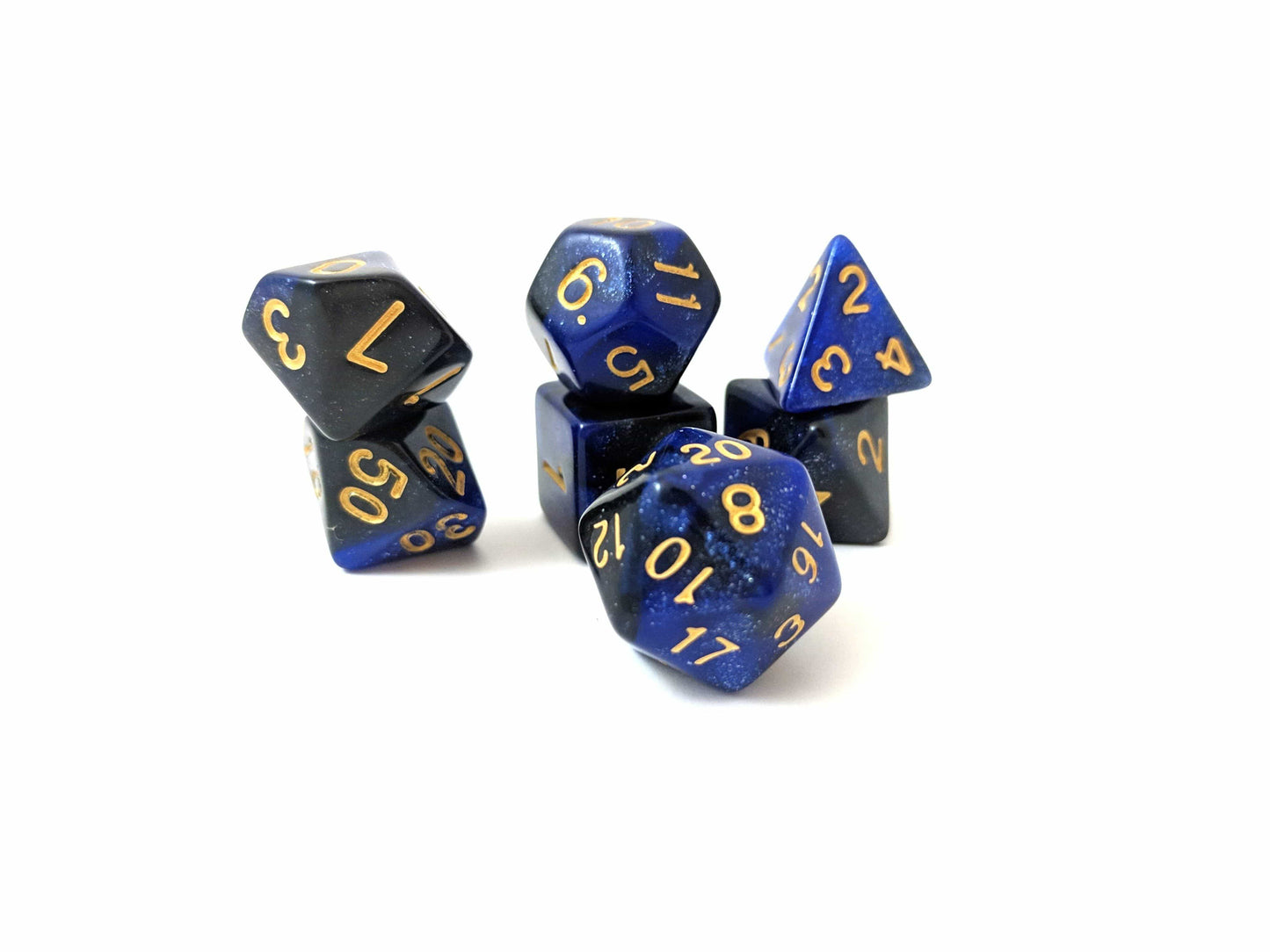 Dark Orb Dice Set, Black and Blue Glitter Marbled 7 Piece DnD Dice Set - CozyGamer