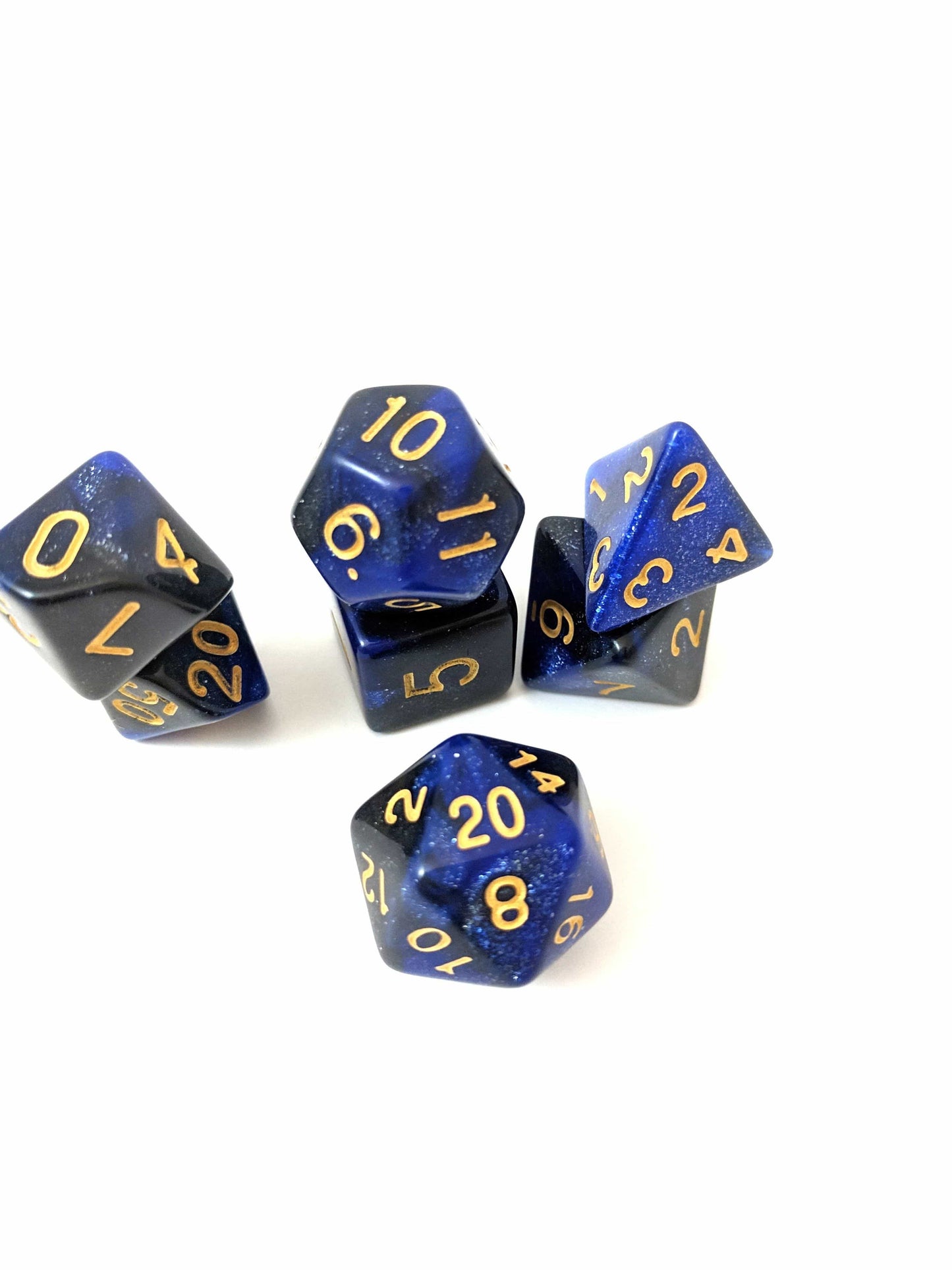 Dark Orb Dice Set, Black and Blue Glitter Marbled 7 Piece DnD Dice Set - CozyGamer