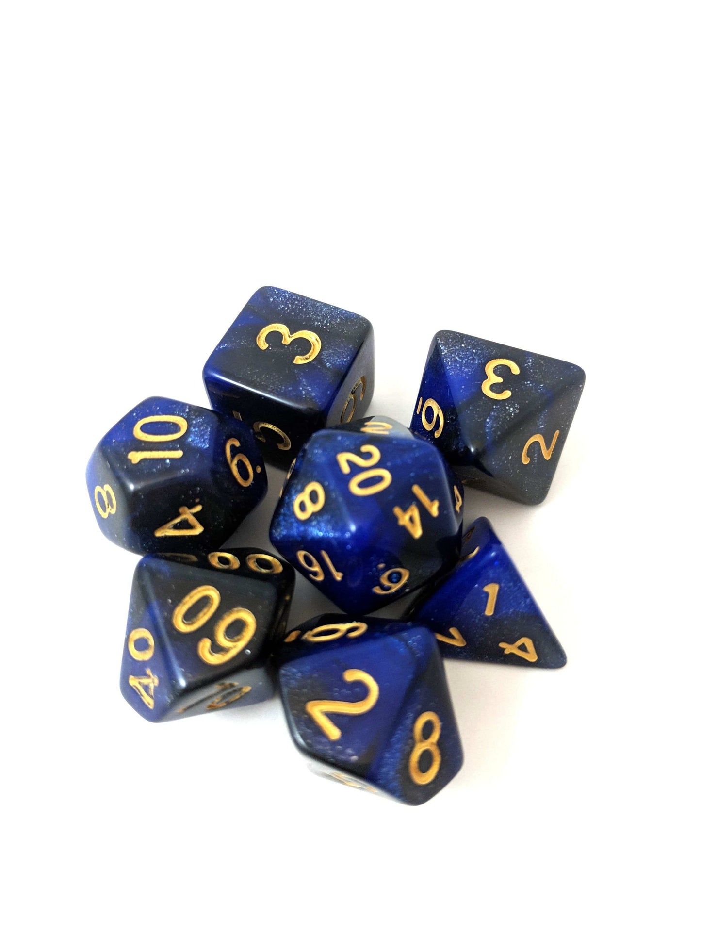 Dark Orb Dice Set, Black and Blue Glitter Marbled 7 Piece DnD Dice Set - CozyGamer