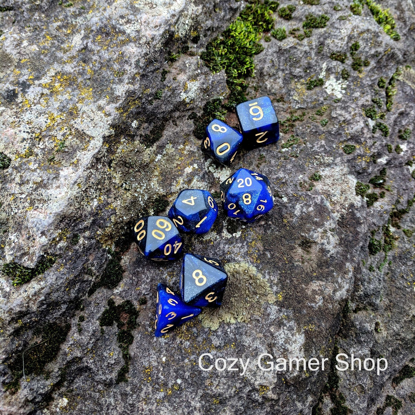 Dark Orb Dice Set, Black and Blue Glitter Marbled 7 Piece DnD Dice Set - CozyGamer