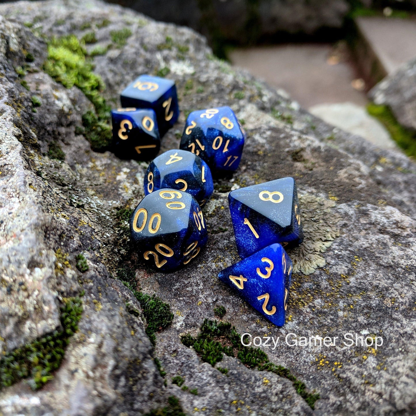 Dark Orb Dice Set, Black and Blue Glitter Marbled 7 Piece DnD Dice Set - CozyGamer