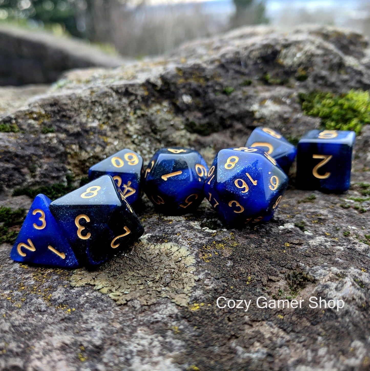 Dark Orb Dice Set, Black and Blue Glitter Marbled 7 Piece DnD Dice Set - CozyGamer