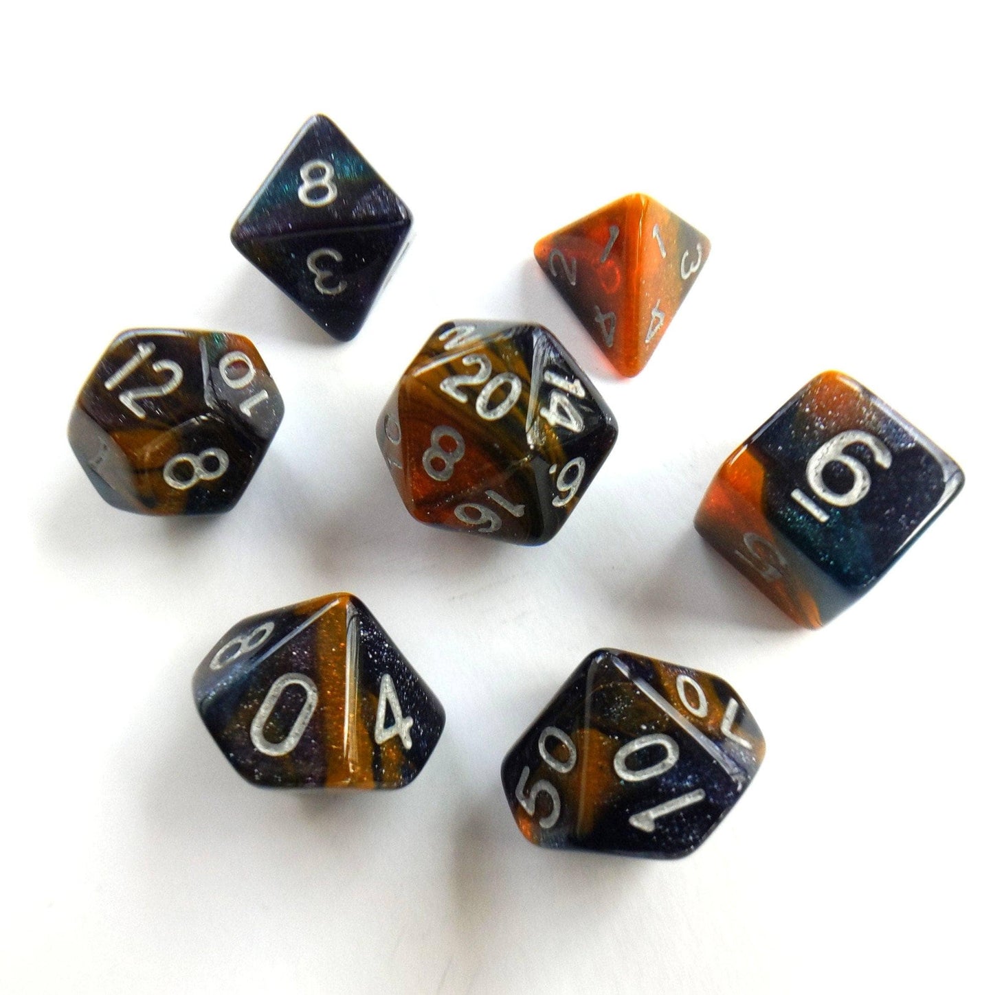 Desert Eve Dice Set. Dark Blue and Orange Marbled Micro Shimmer - CozyGamer