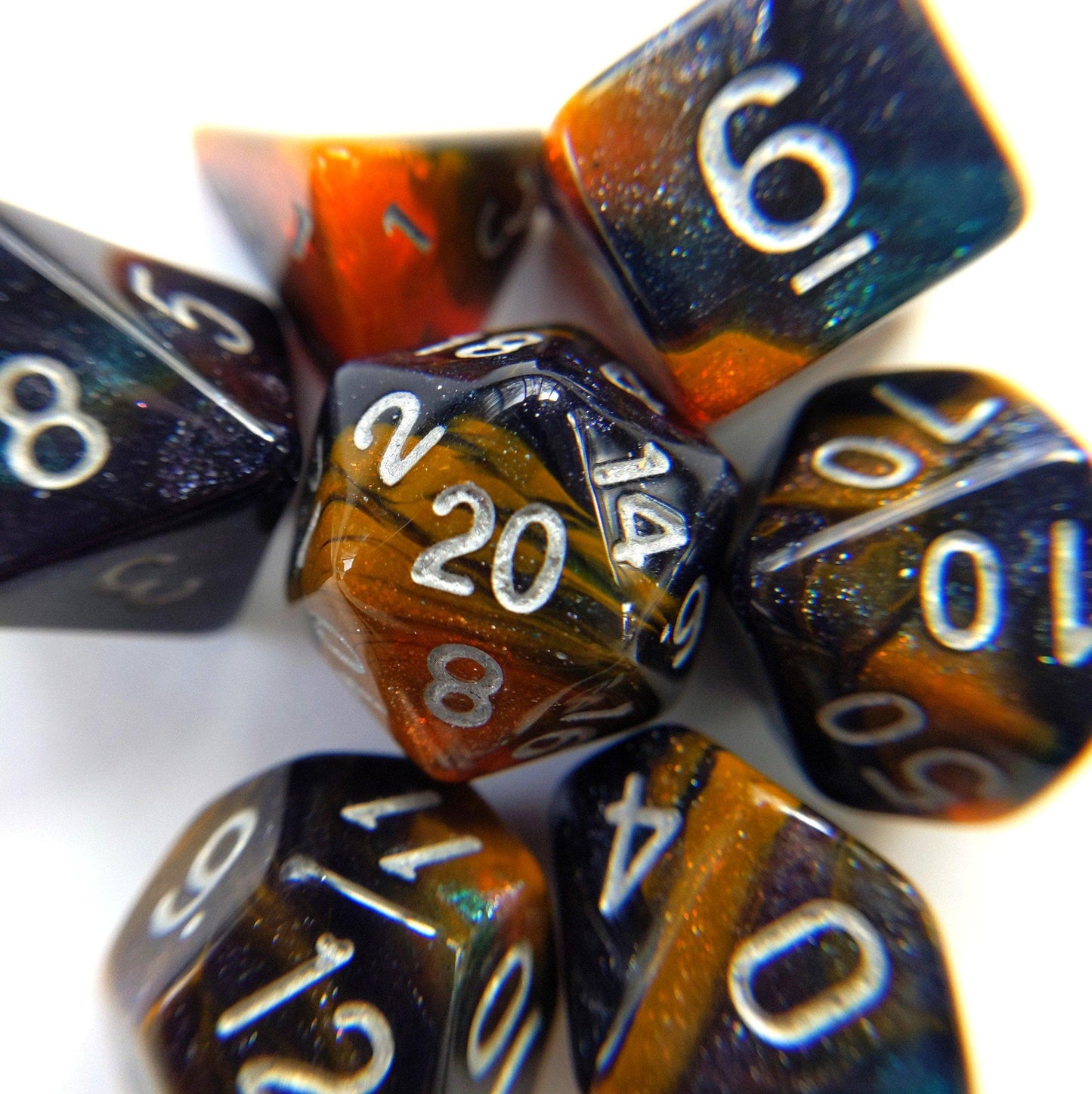 Desert Eve Dice Set. Dark Blue and Orange Marbled Micro Shimmer - CozyGamer