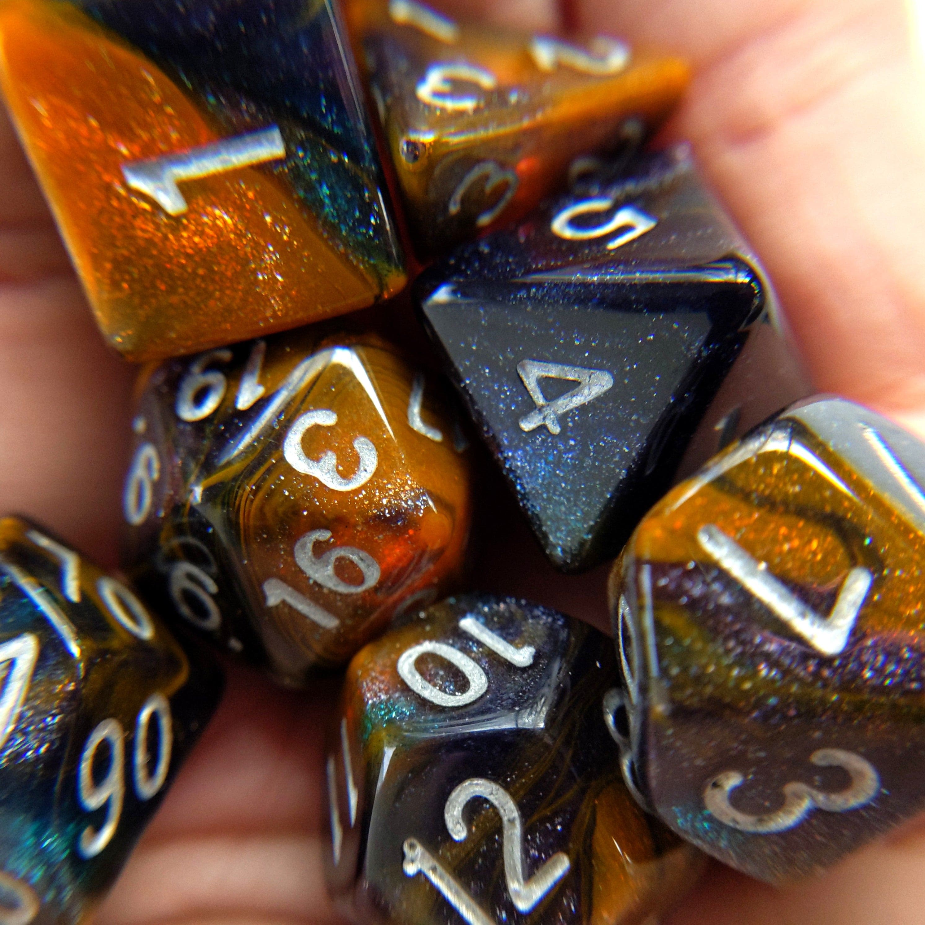 Desert Eve Dice Set. Dark Blue and Orange Marbled Micro Shimmer ...