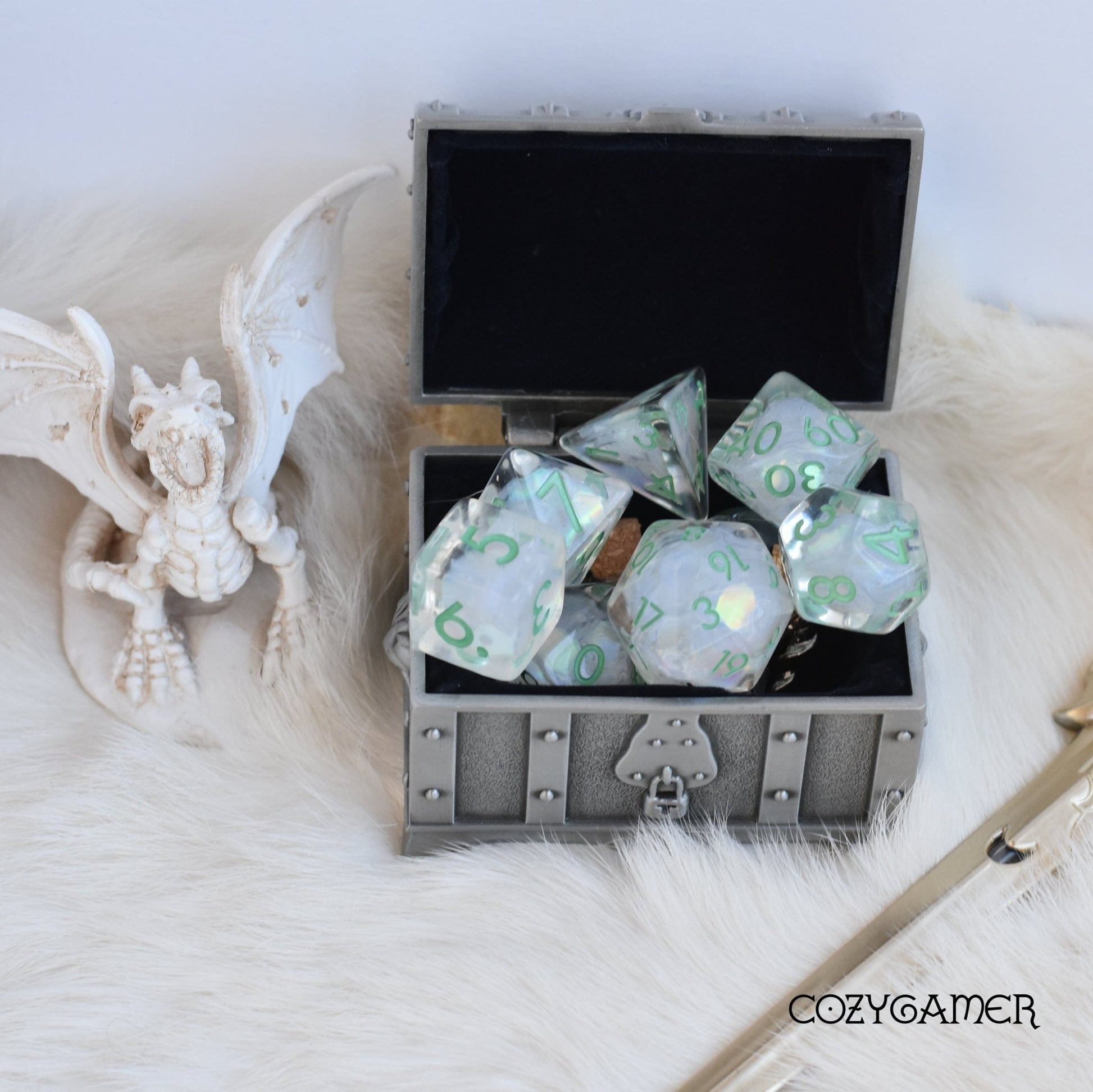 Dewy Glint Dice Set. Clear Resin with Rainbow Glitter Dice Sets & Games Fennek and Finch