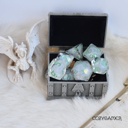 Dewy Glint Dice Set. Clear Resin with Rainbow Glitter Dice Sets & Games Fennek and Finch