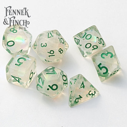 Dewy Glint Dice Set. Clear Resin with Rainbow Glitter Dice Sets & Games Fennek and Finch