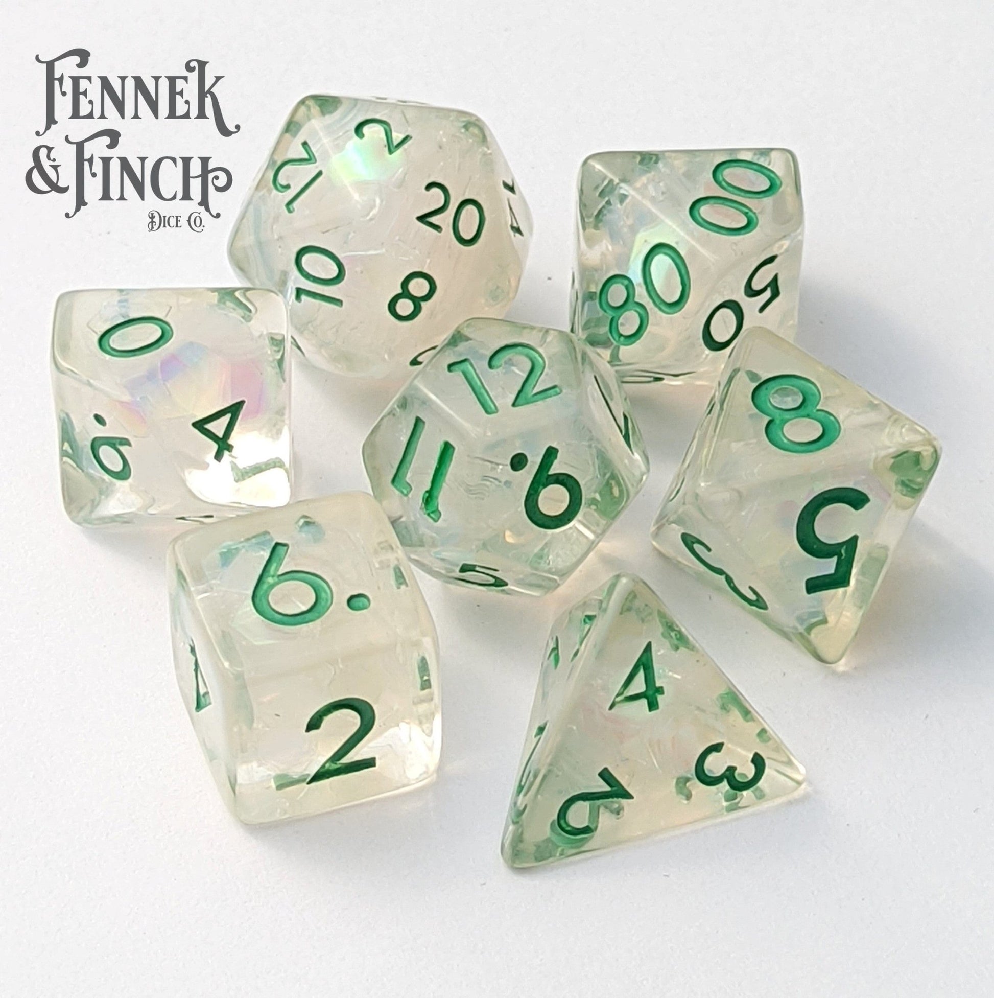 Dewy Glint Dice Set. Clear Resin with Rainbow Glitter Dice Sets & Games Fennek and Finch