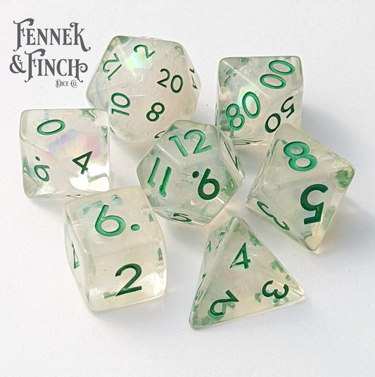 Dewy Glint Dice Set. Clear Resin with Rainbow Glitter - Fennek and Finch