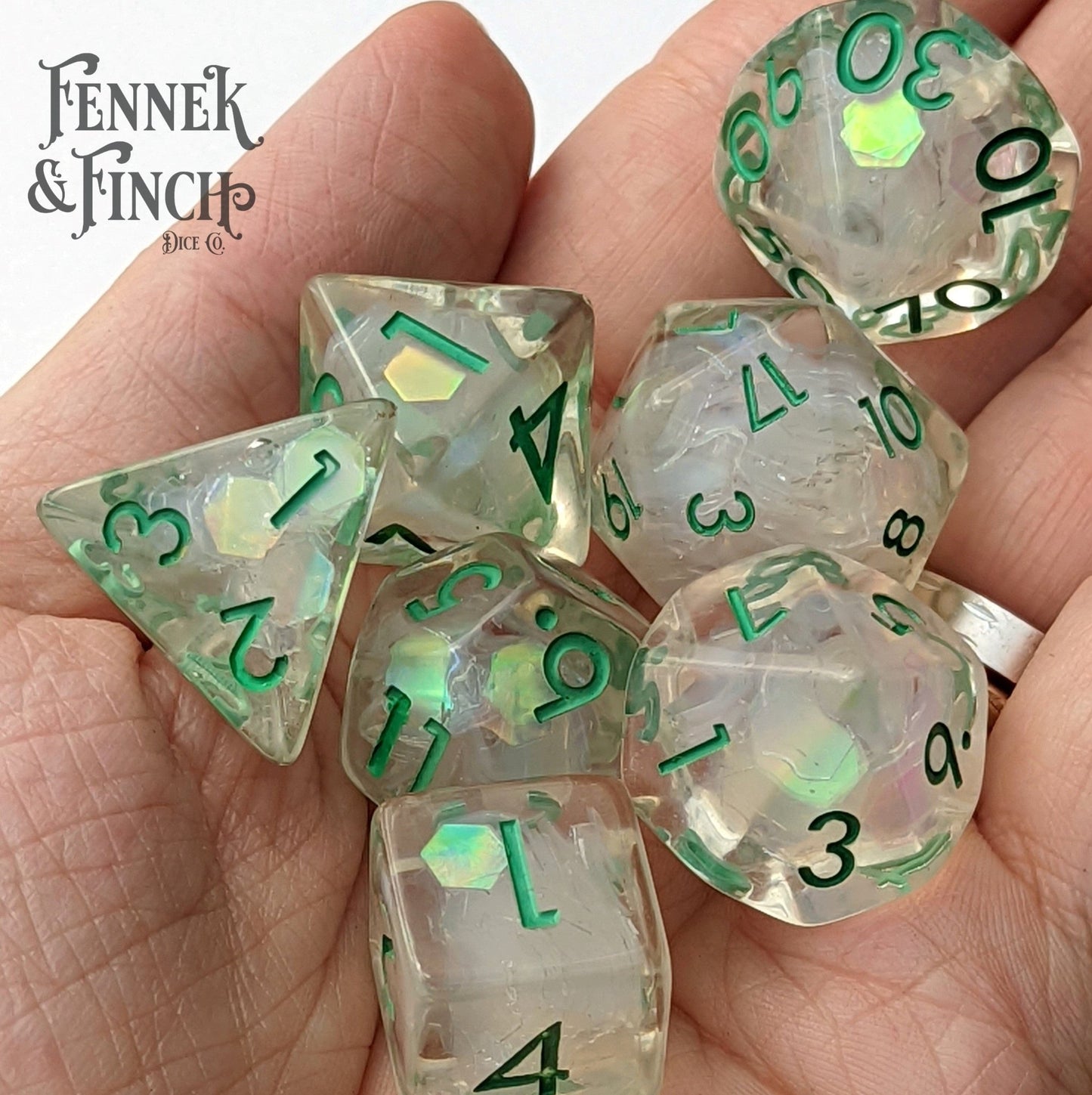 Dewy Glint Dice Set. Clear Resin with Rainbow Glitter Dice Sets & Games Fennek and Finch