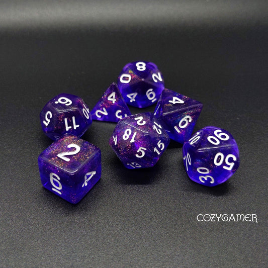 Diamond Purple Will O Wisp Dice Set. Glitter TTRPG Dice