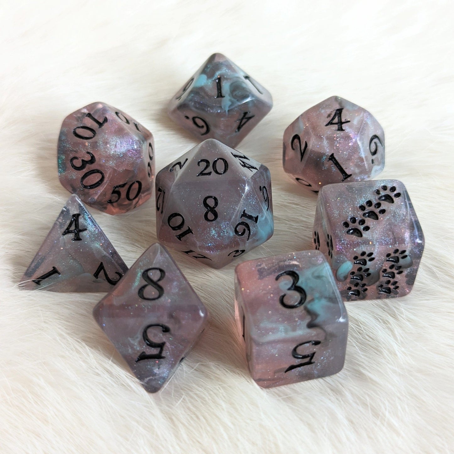 Dissonant Whispers Dice Set – 8 - Piece Black Blue Shimmer DnD Dice with Paw D6 | Fennek & Finch - Fennek and Finch