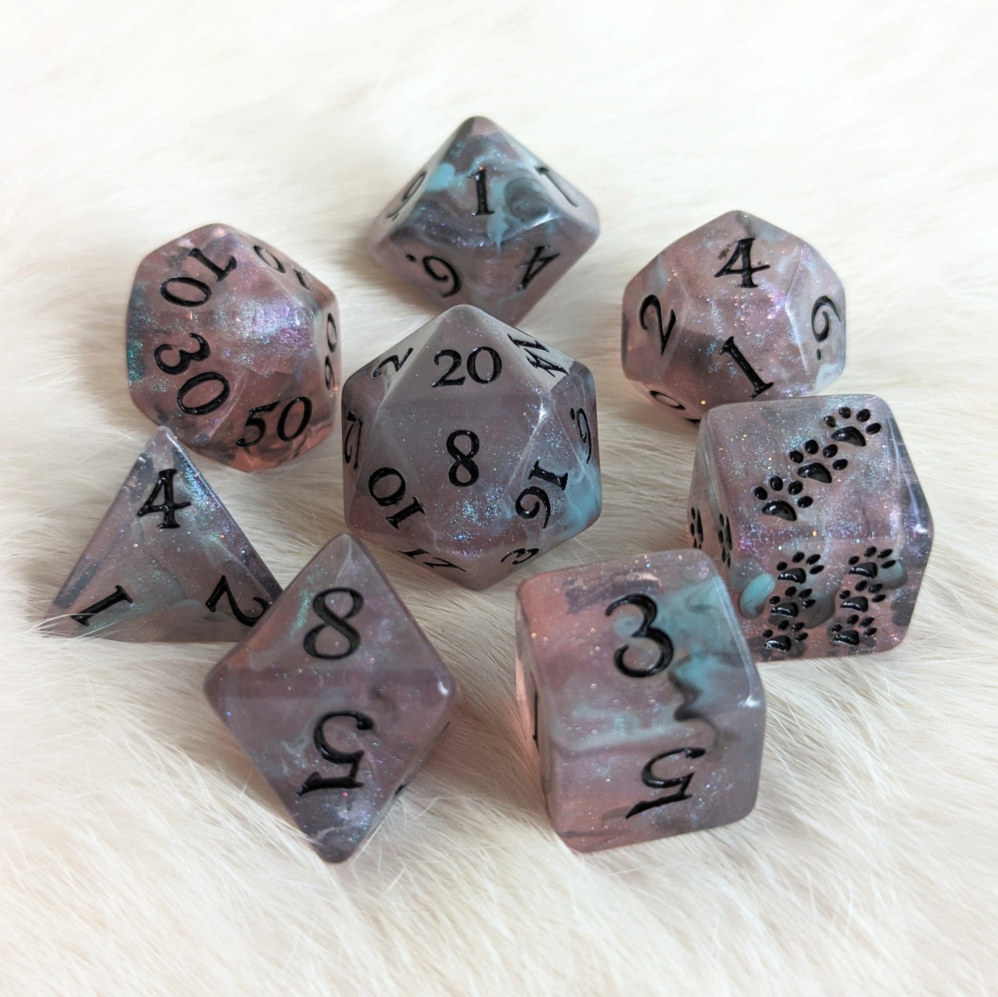 Dissonant Whispers Dice Set – 8 - Piece Black Blue Shimmer DnD Dice with Paw D6 | Fennek & Finch - Fennek and Finch