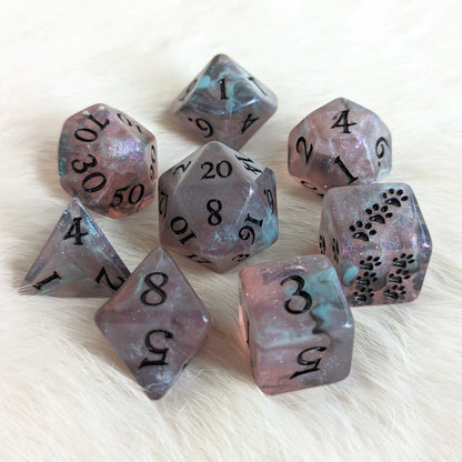 Dissonant Whispers Dice Set – 8 - Piece Black Blue Shimmer DnD Dice with Paw D6 | Fennek & Finch - Fennek and Finch