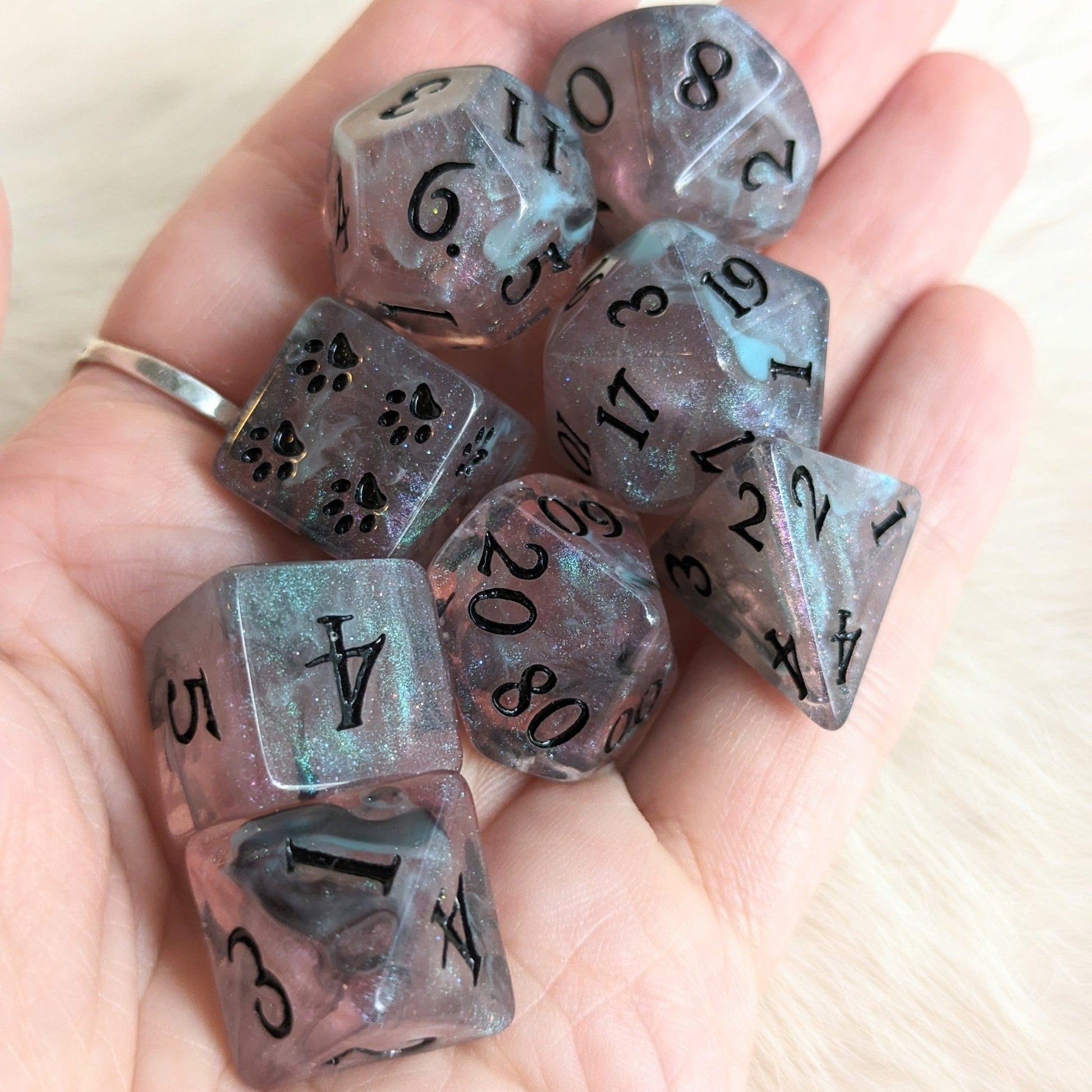 Dissonant Whispers Dice Set – 8 - Piece Black Blue Shimmer DnD Dice with Paw D6 | Fennek & Finch - Fennek and Finch