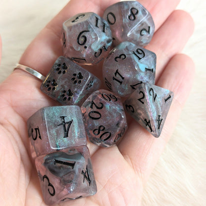 Dissonant Whispers Dice Set – 8 - Piece Black Blue Shimmer DnD Dice with Paw D6 | Fennek & Finch - Fennek and Finch
