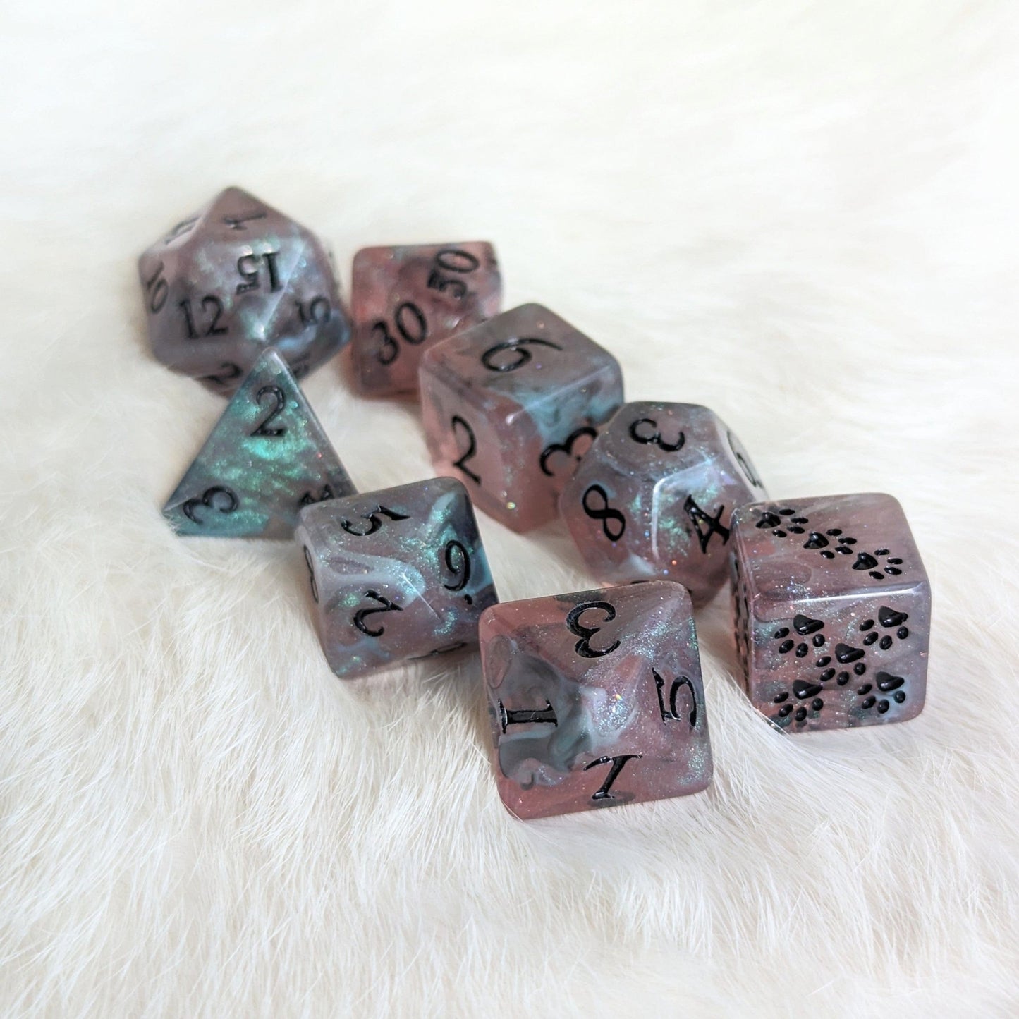 Dissonant Whispers Dice Set – 8 - Piece Black Blue Shimmer DnD Dice with Paw D6 | Fennek & Finch - Fennek and Finch