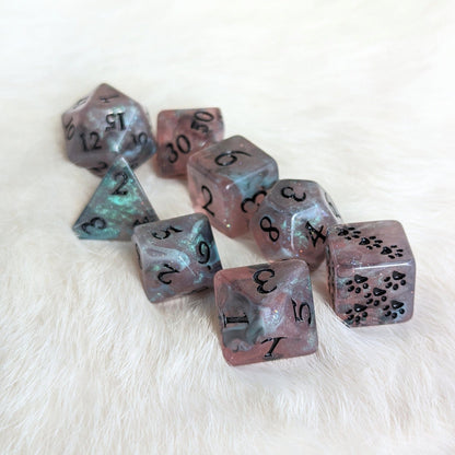 Dissonant Whispers Dice Set – 8 - Piece Black Blue Shimmer DnD Dice with Paw D6 | Fennek & Finch - Fennek and Finch