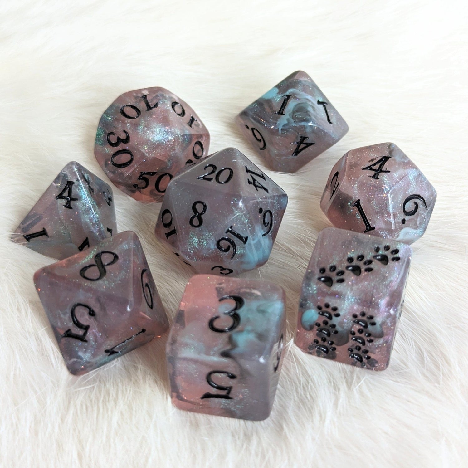 Dissonant Whispers Dice Set – 8-Piece Black Blue Shimmer DnD Dice with Paw D6 | Fennek & Finch Dice Sets & Games Fennek and Finch