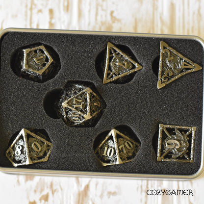Dragon and Shield Hollow Metal Dice Set – 7 - Piece DnD Dice - Fennek and Finch