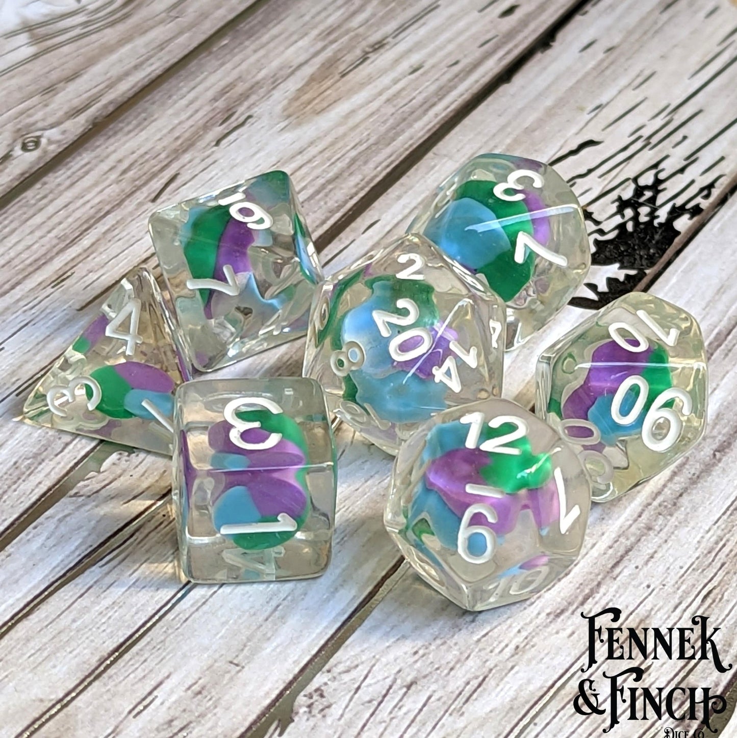 Dragon Candy Swirl Dice Set. Resin dice with candy inside Dice Sets & Games Fennek and Finch