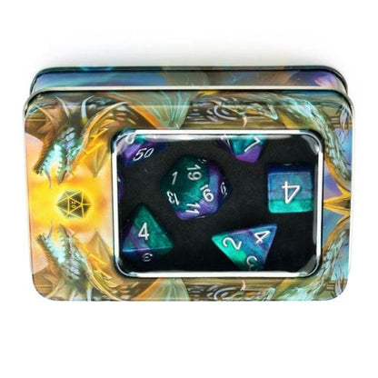 Dragon-themed metal dice box with colorful polyhedral dice set and foam lining, perfect for tabletop gaming enthusiasts.