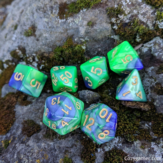 Dragon Dice Set – 7 - Piece Marbled Pearly Green Purple Acrylic DnD Dice - Fennek and Finch