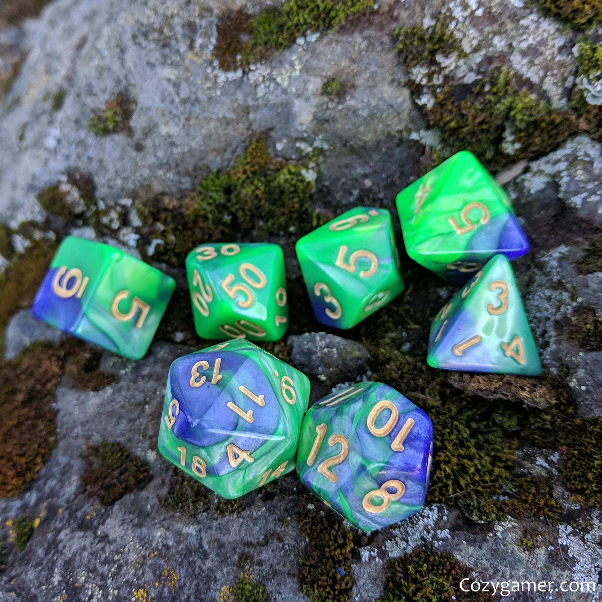 Dragon Dice Set, Pearly Green and Purple Marble Dice - CozyGamer