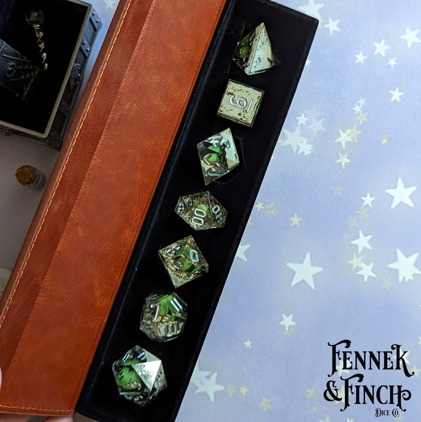 Dragon Egg Sharp Edge Dice Set – 7 - Piece Green Egg DnD Dice - Fennek and Finch