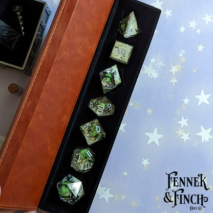 Dragon Egg Sharp Edge Dice Set – 7 - Piece Green Egg DnD Dice - Fennek and Finch