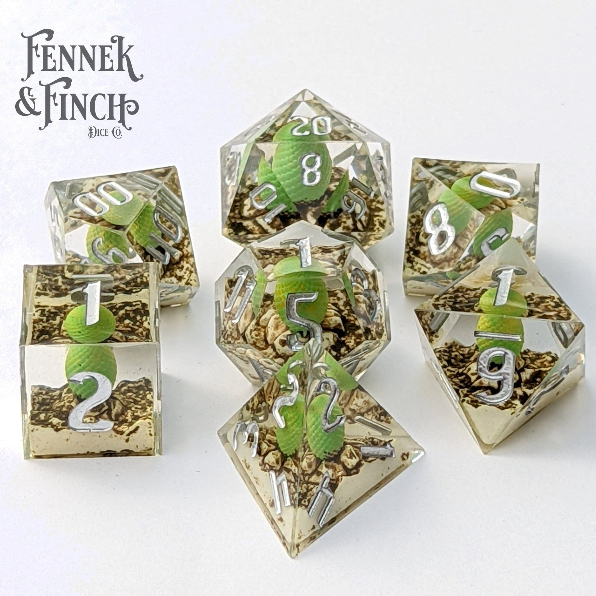 Dragon Egg Sharp Edge Dice Set – 7 - Piece Green Egg DnD Dice - Fennek and Finch