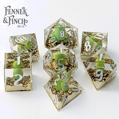 Dragon Egg Sharp Edge Dice Set – 7 - Piece Green Egg DnD Dice - Fennek and Finch