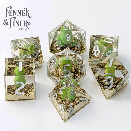Dragon Egg Sharp Edge Dice Set – 7 - Piece Green Egg DnD Dice - Fennek and Finch