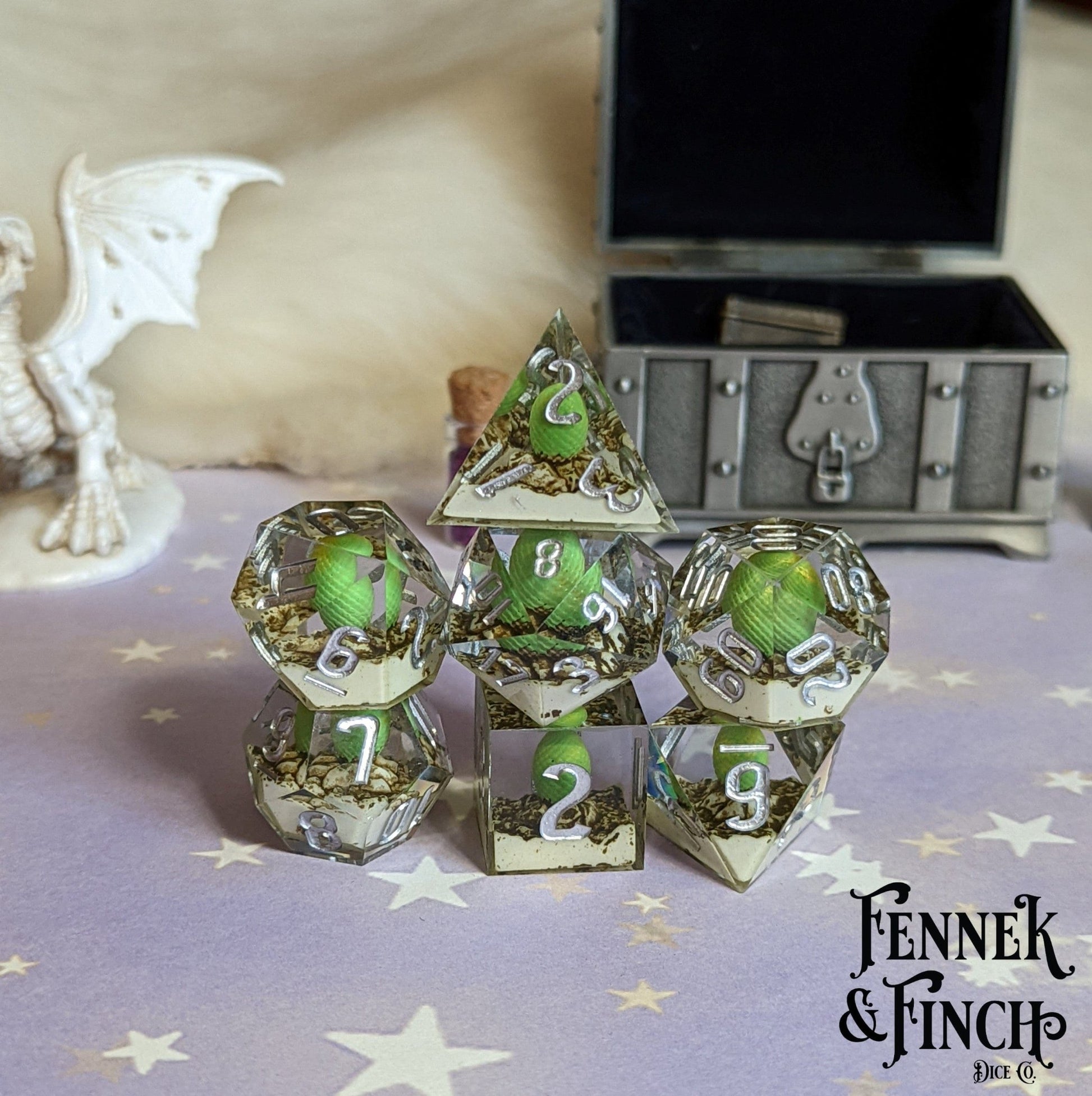 Dragon Egg Sharp Edge Dice Set – 7 - Piece Green Egg DnD Dice - Fennek and Finch