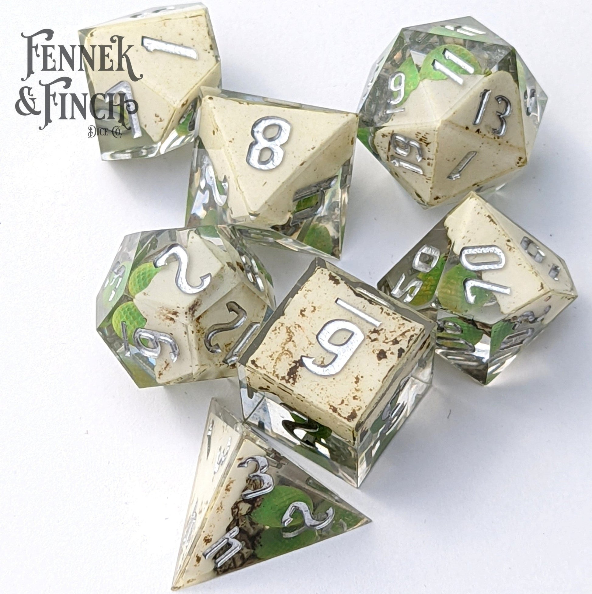 Dragon Egg Sharp Edge Dice Set – 7 - Piece Green Egg DnD Dice - Fennek and Finch