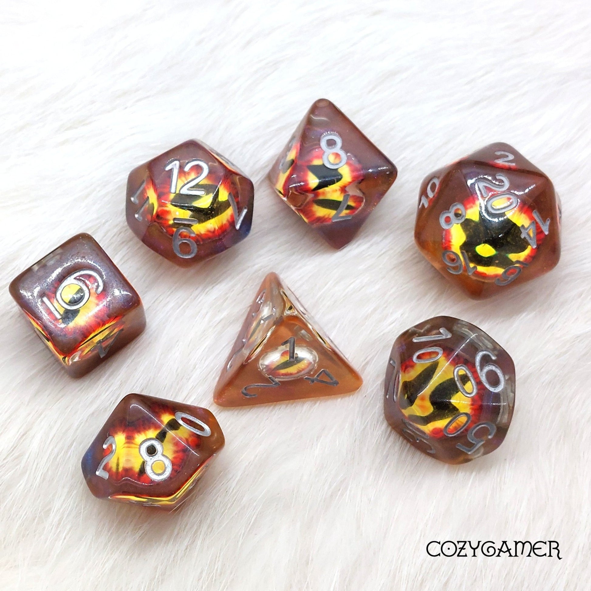 Dragon Eye Dice Set – 7-Piece Brown Evil Eyeball Acrylic Resin DnD Dice Dice Sets & Games Fennek and Finch