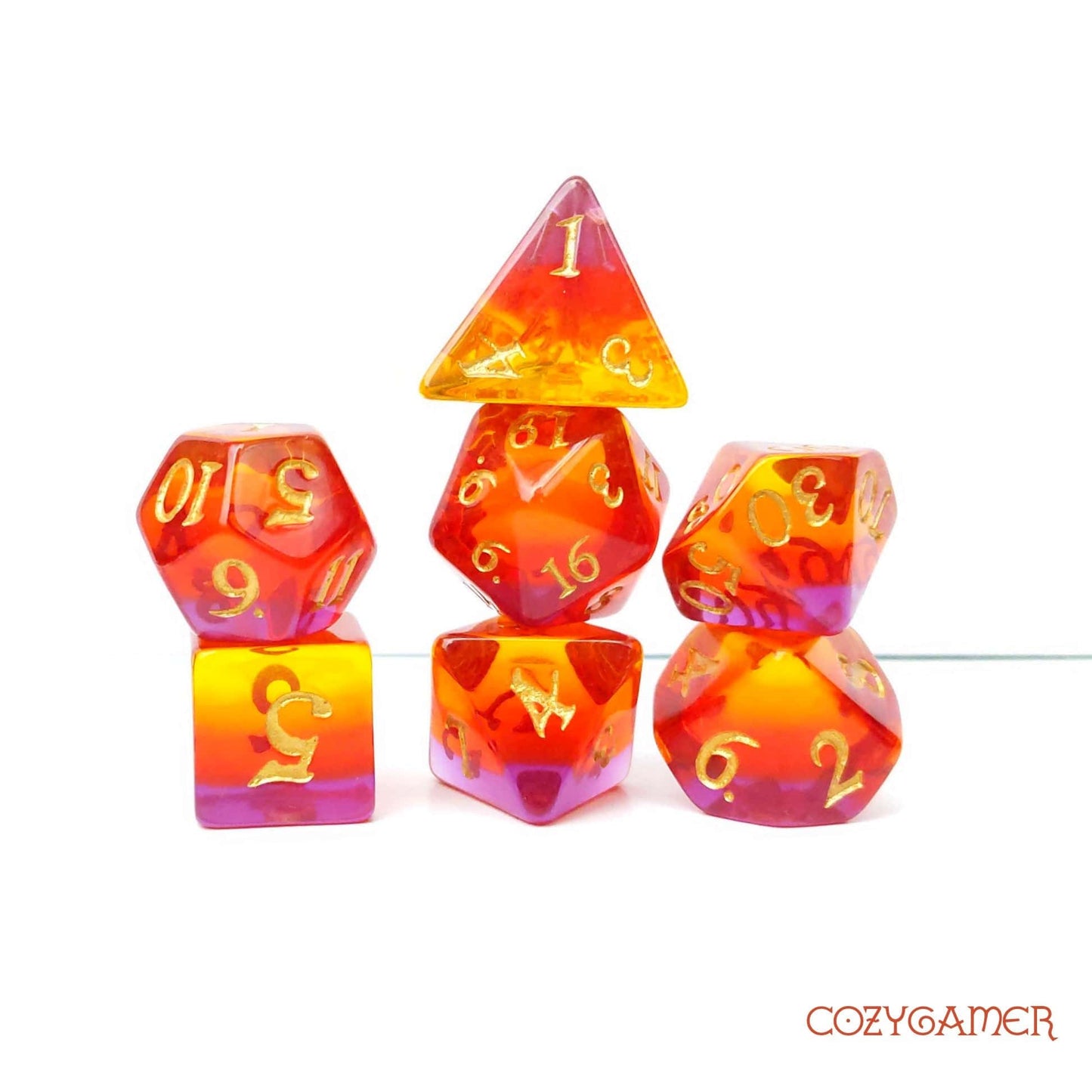 Dragon Fire Dice Set. Fire Ombre DND polyhedral dice