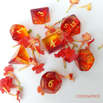 Dragon Fire Dice Set. Fire Ombre DND polyhedral dice