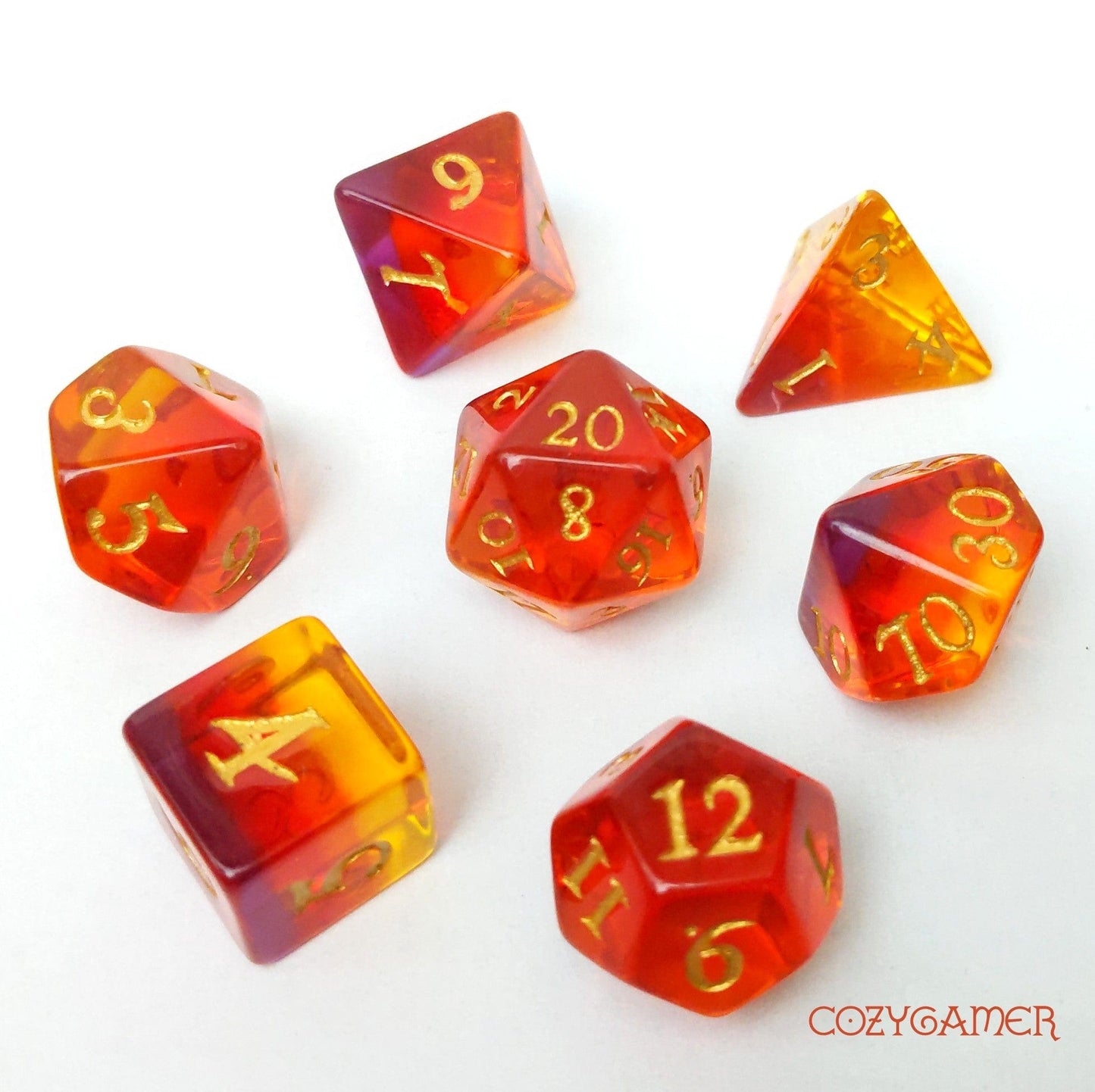 Dragon Fire Dice Set. Fire Ombre DND polyhedral dice