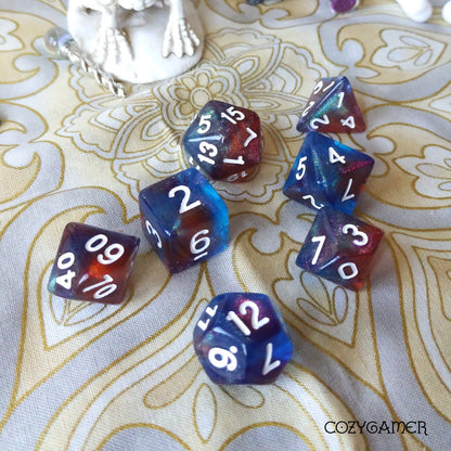 Dragon Scale Dice Set. Red and Blue Galaxy Glitter DND Dice