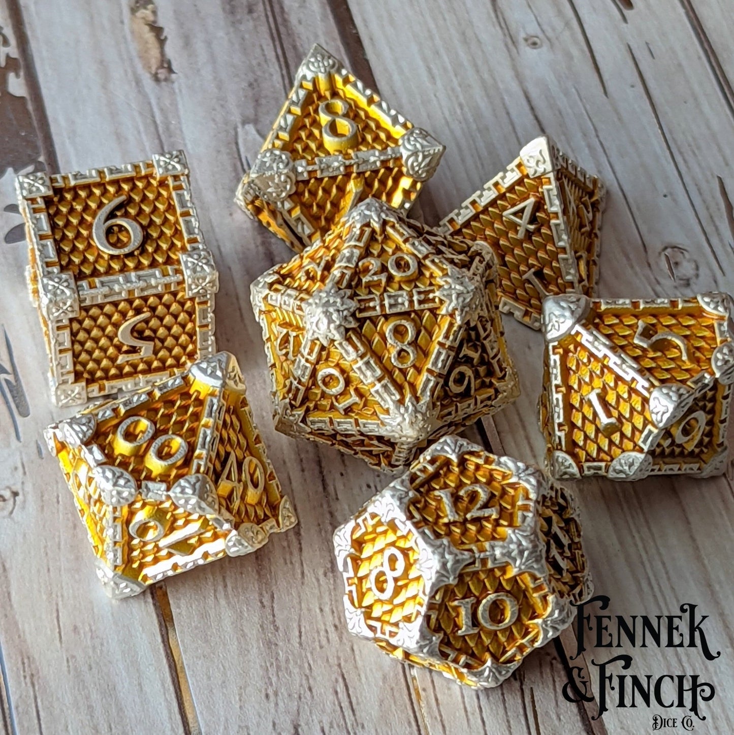 Dragon Scale Metal Dice Set – 7 - Piece Gold Scales Silver Chains Zinc Alloy DnD - Fennek and Finch
