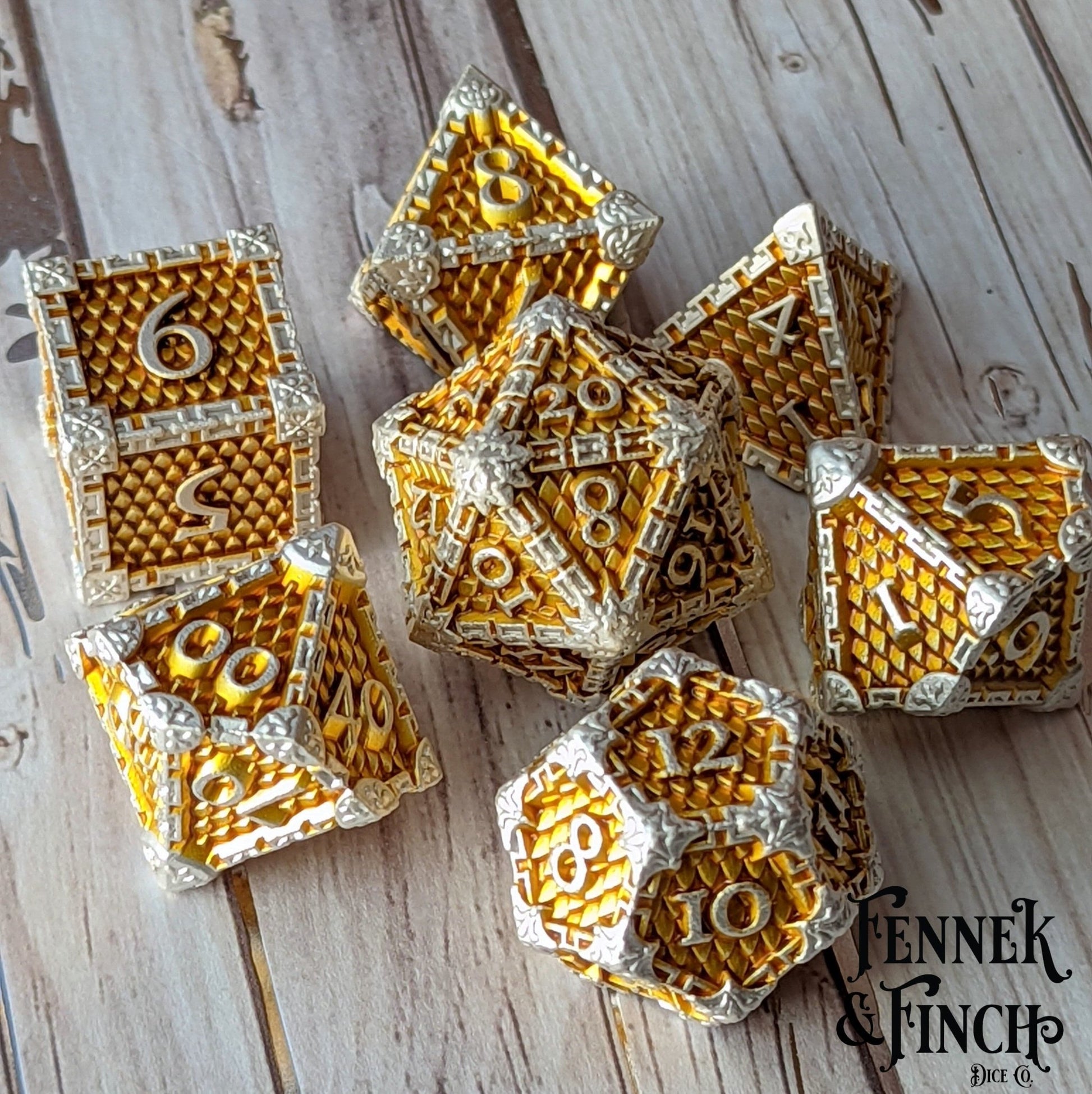 Dragon Scale Metal Dice Set – 7 - Piece Gold Scales Silver Chains Zinc Alloy DnD - Fennek and Finch