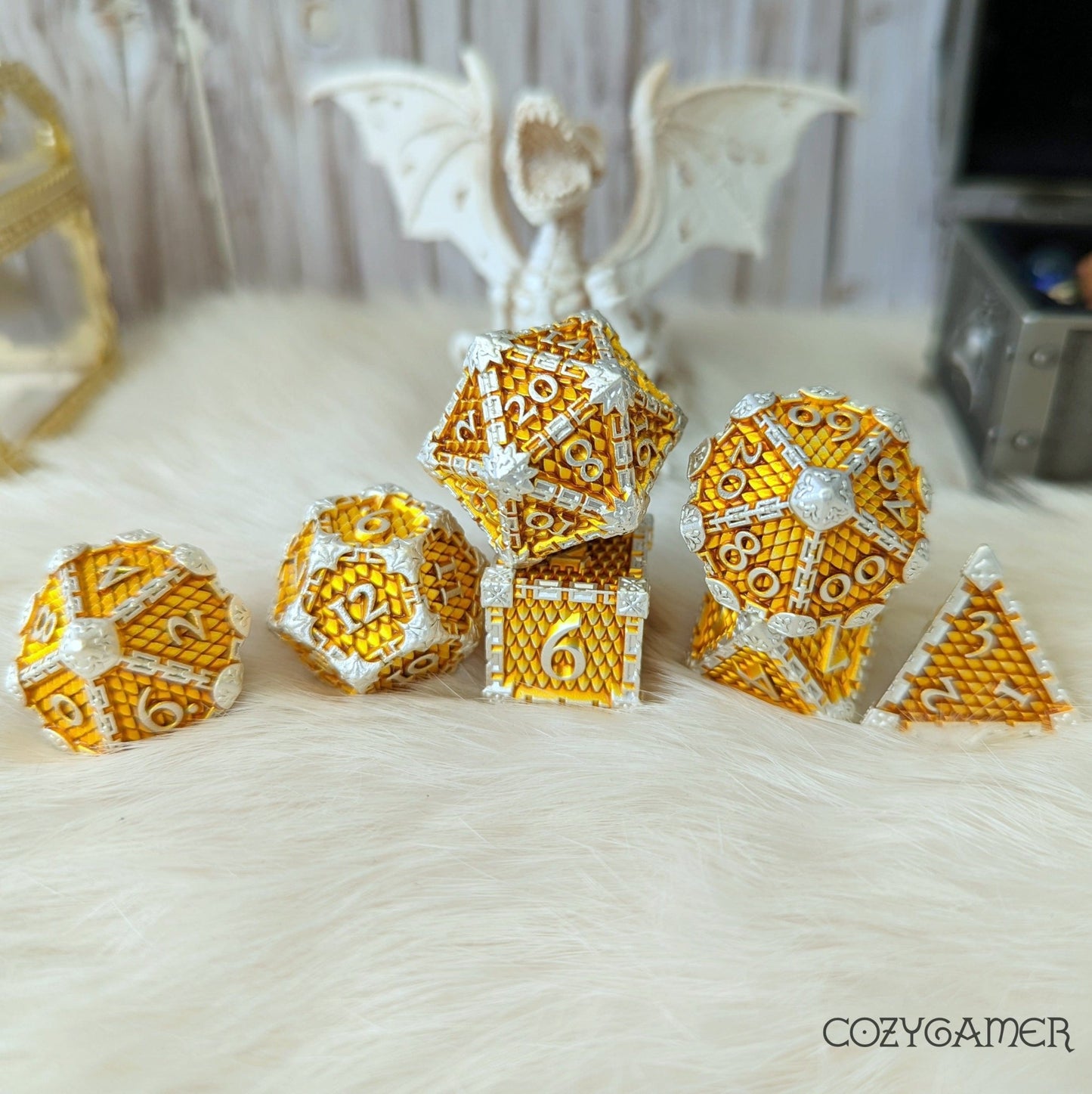 Dragon Scale Metal Dice Set – 7 - Piece Gold Scales Silver Chains Zinc Alloy DnD - Fennek and Finch